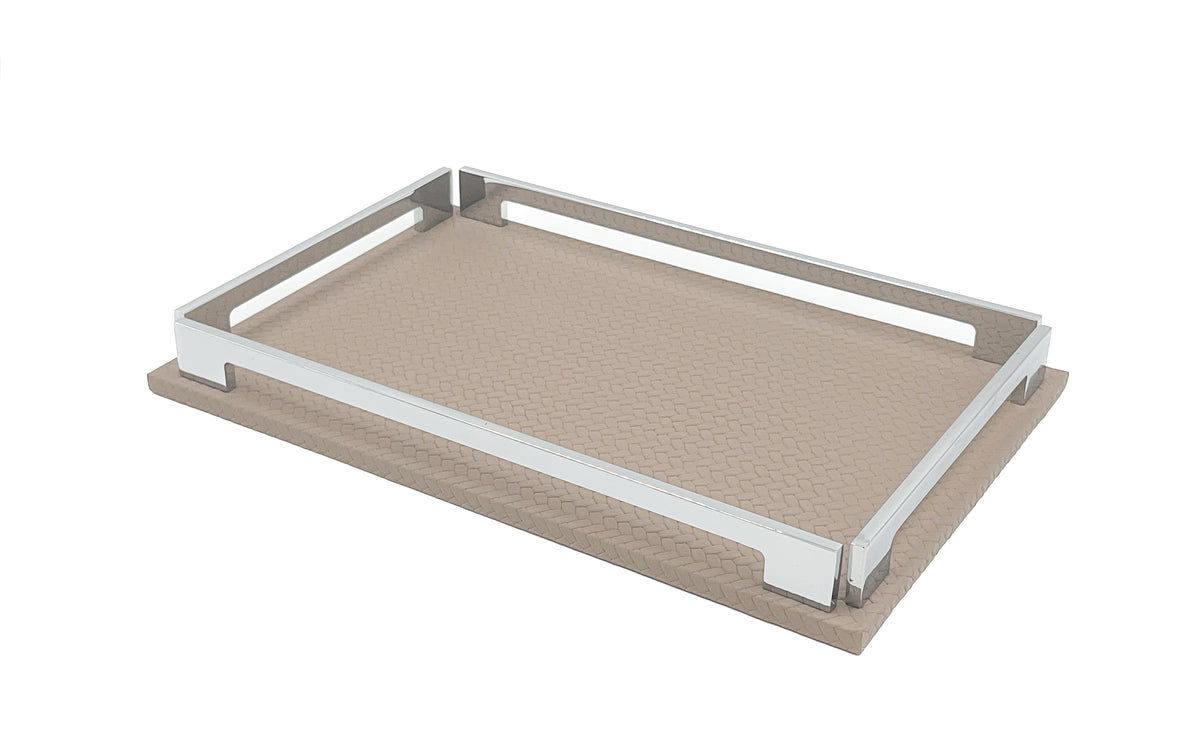 Mink 30 × 16 cm tray from above left, muted grey-brown leather within polished steel