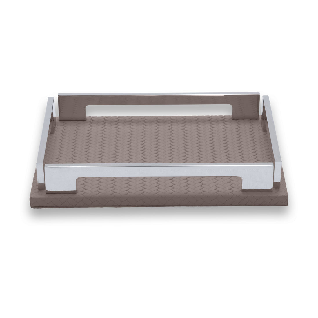 The mink 25 × 19 cm tray whole, both handle openings clear above the leather floor