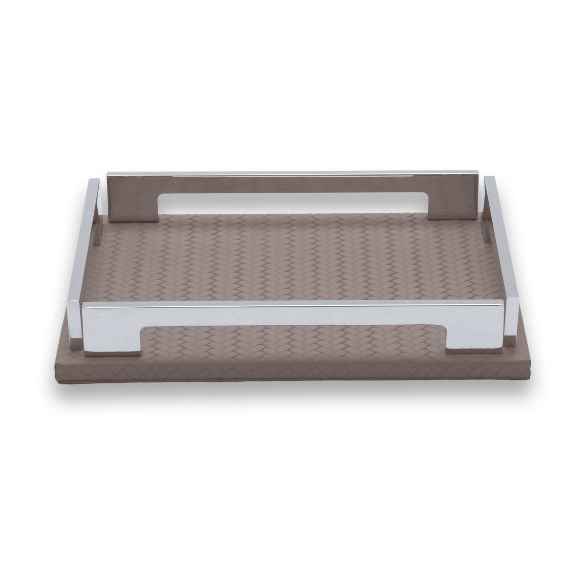 The mink 25 × 19 cm tray whole, both handle openings clear above the leather floor