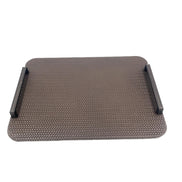 Mink 48 × 36 cm tray seen square on, black steel handles at both short ends of the woven leather