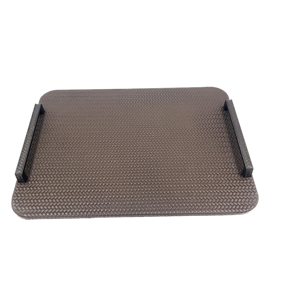 Mink 48 × 36 cm tray seen square on, black steel handles at both short ends of the woven leather