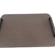 Mink 48 cm tray in a wider crop, the 1 cm leather panel and its two black steel handles filling the frame