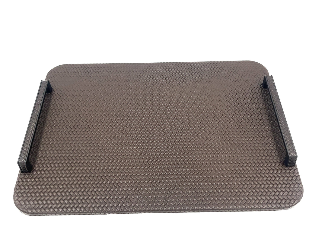 Mink 48 cm tray in a wider crop, the 1 cm leather panel and its two black steel handles filling the frame