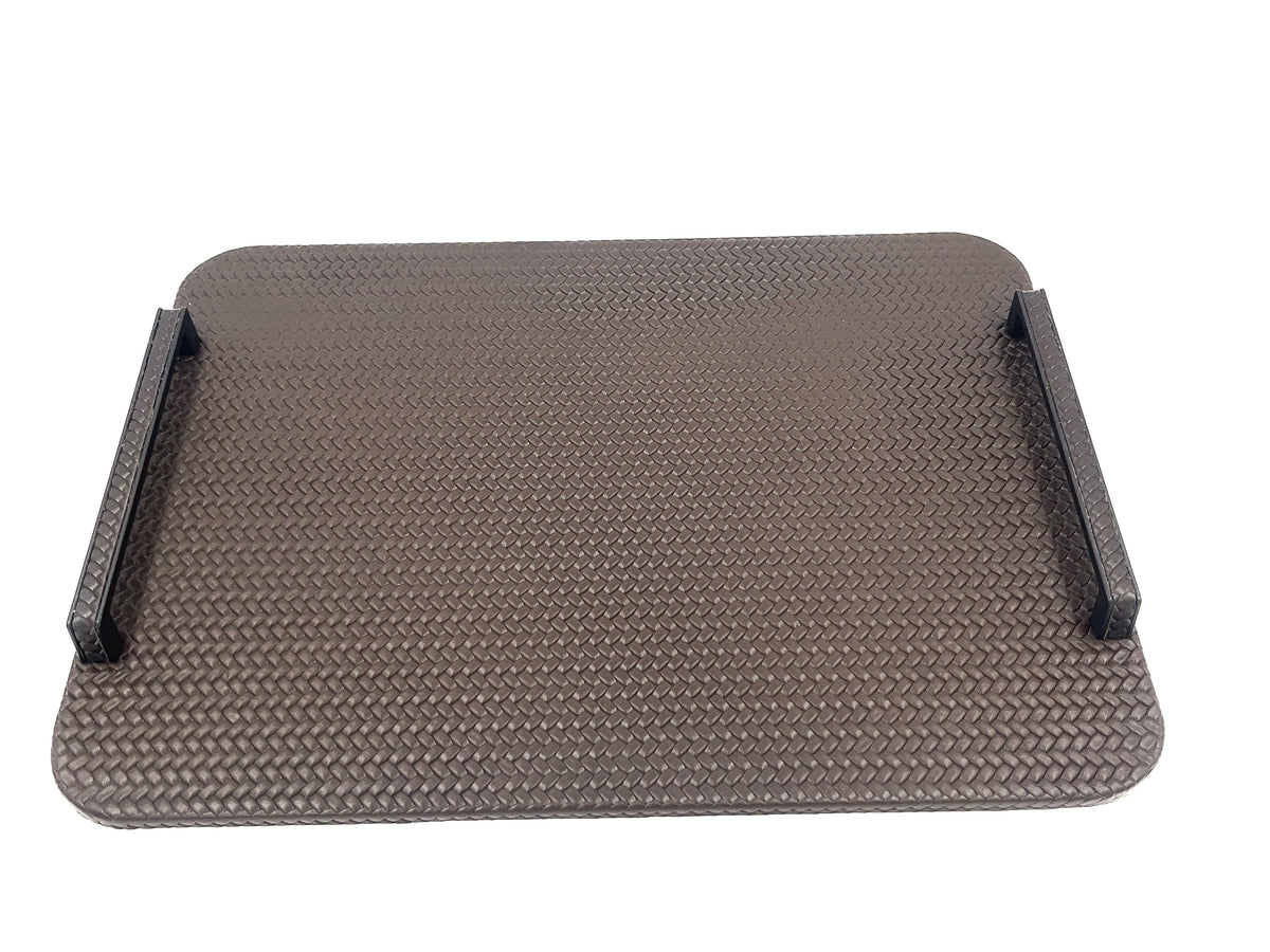 Mink 48 cm tray in a wider crop, the 1 cm leather panel and its two black steel handles filling the frame