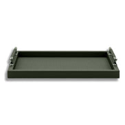 Dark olive khaki tray, the handle bars standing well proud of the shallow leather well