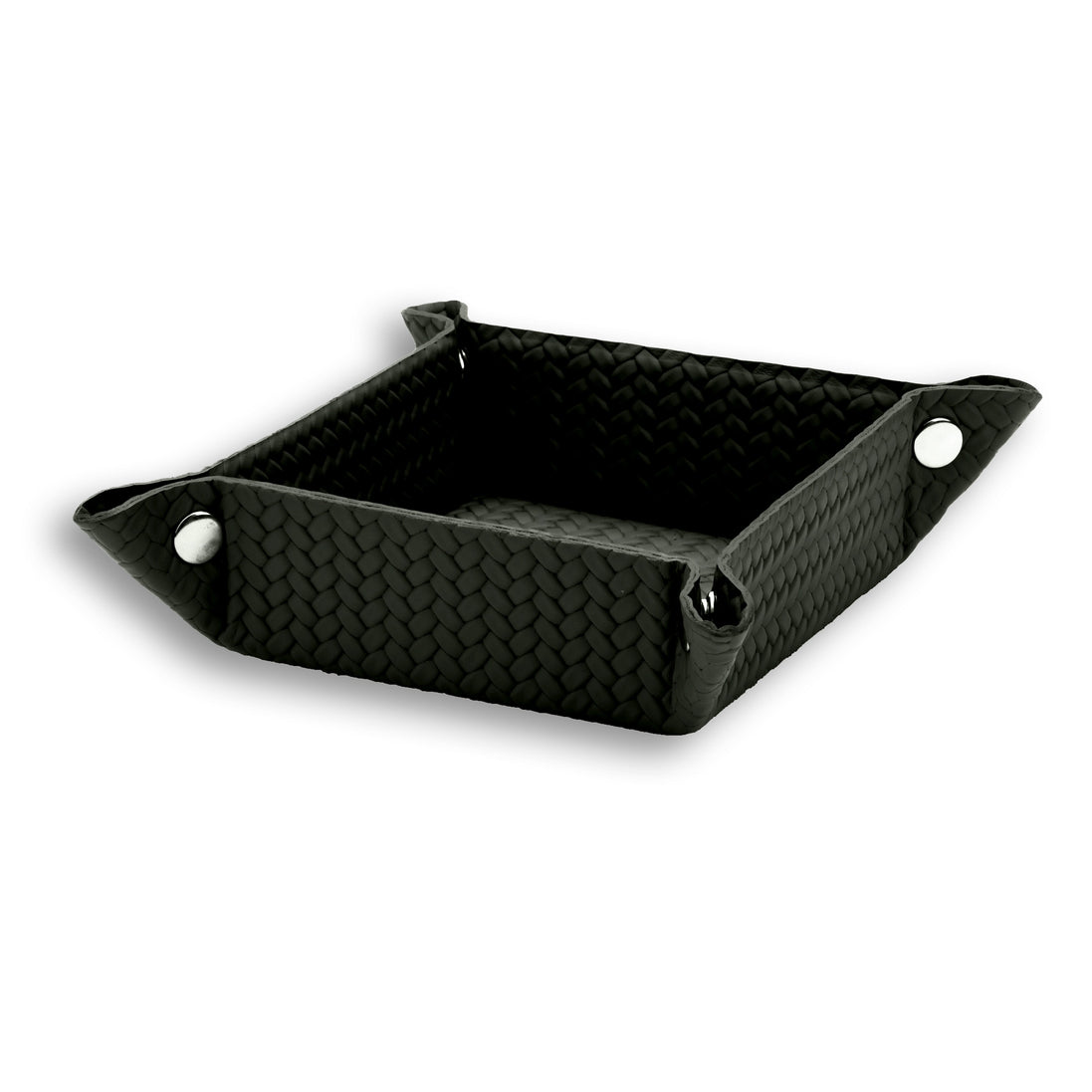Khaki 15 × 15 cm valet tray, dark olive woven leather drawn up at four press studs