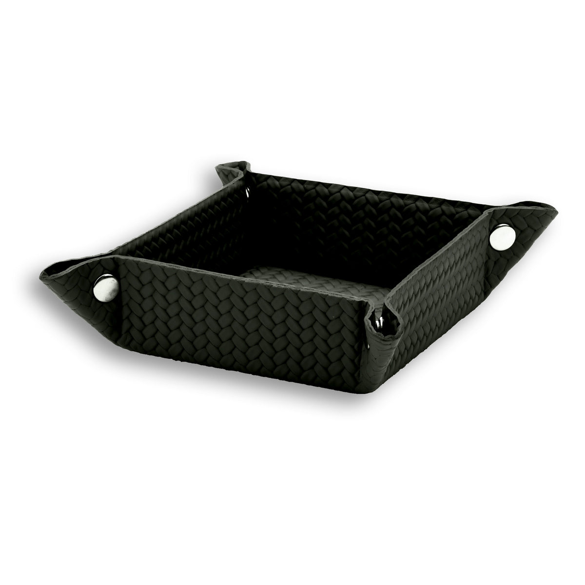 Khaki 15 × 15 cm valet tray, dark olive woven leather drawn up at four press studs