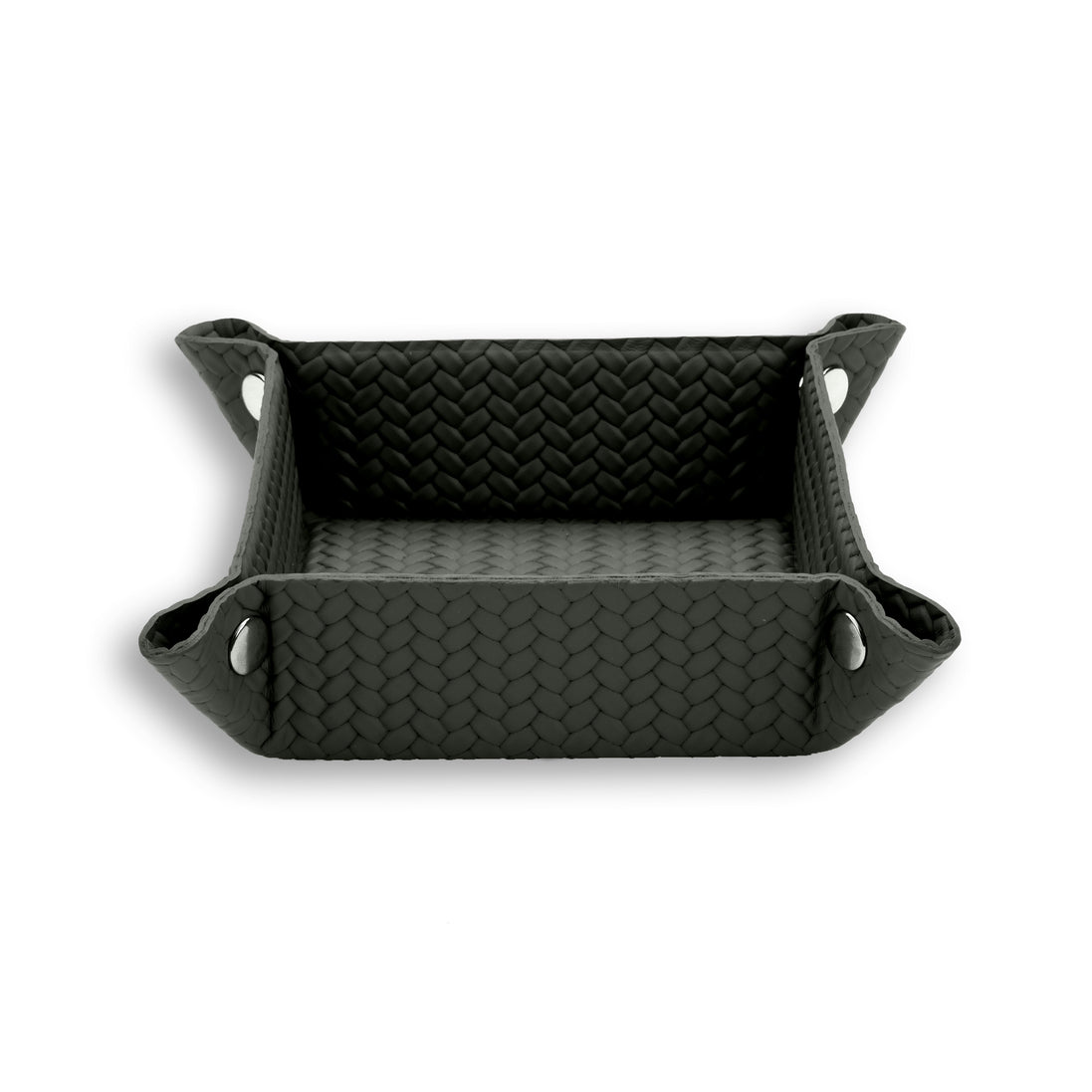 Khaki 15 cm valet tray from a lower angle, sides flared to show the 6 cm depth