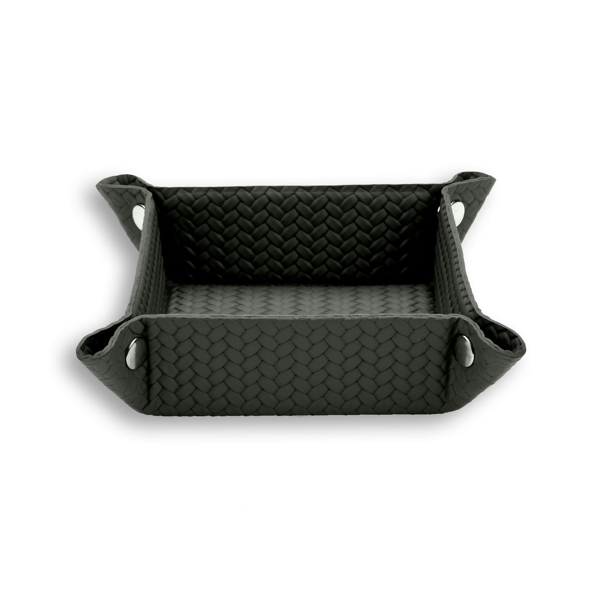 Khaki 15 cm valet tray from a lower angle, sides flared to show the 6 cm depth