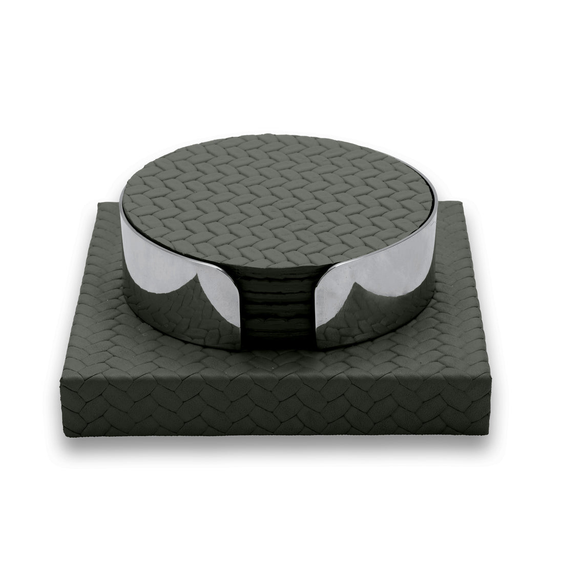 Dark olive khaki set, the top leather coaster level with the polished steel band around it
