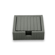 Dark olive khaki holder, the woven emboss reading coarse across the 13 cm coaster face