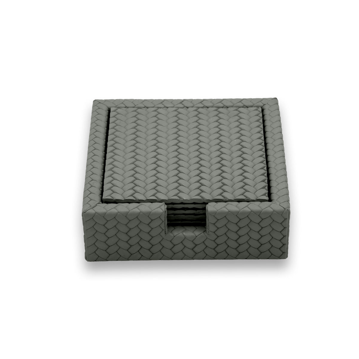 Dark olive khaki holder, the woven emboss reading coarse across the 13 cm coaster face