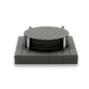 Dark olive khaki coasters, four steel rods rising from the leather base to pen in the stack