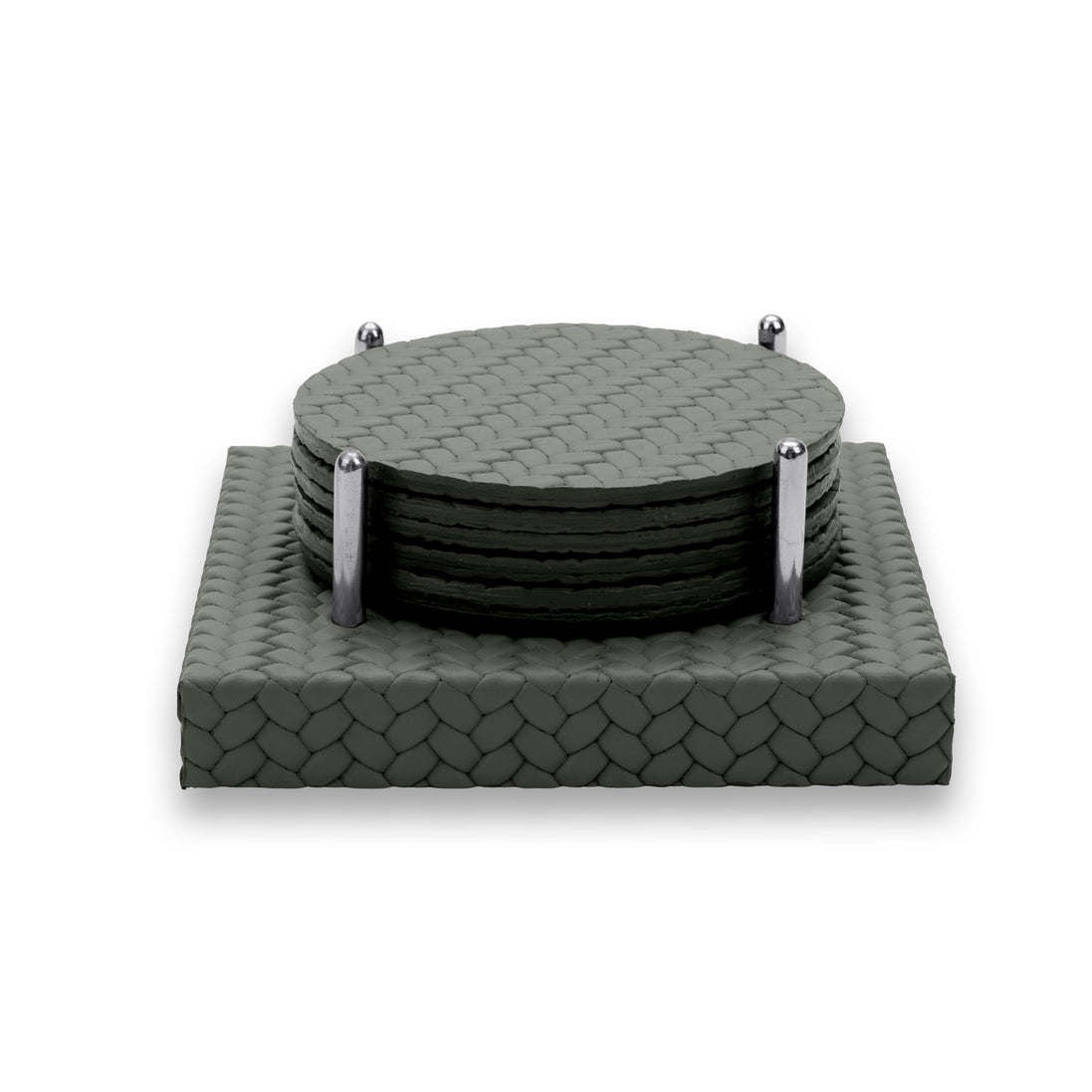 Dark olive khaki coasters, four steel rods rising from the leather base to pen in the stack