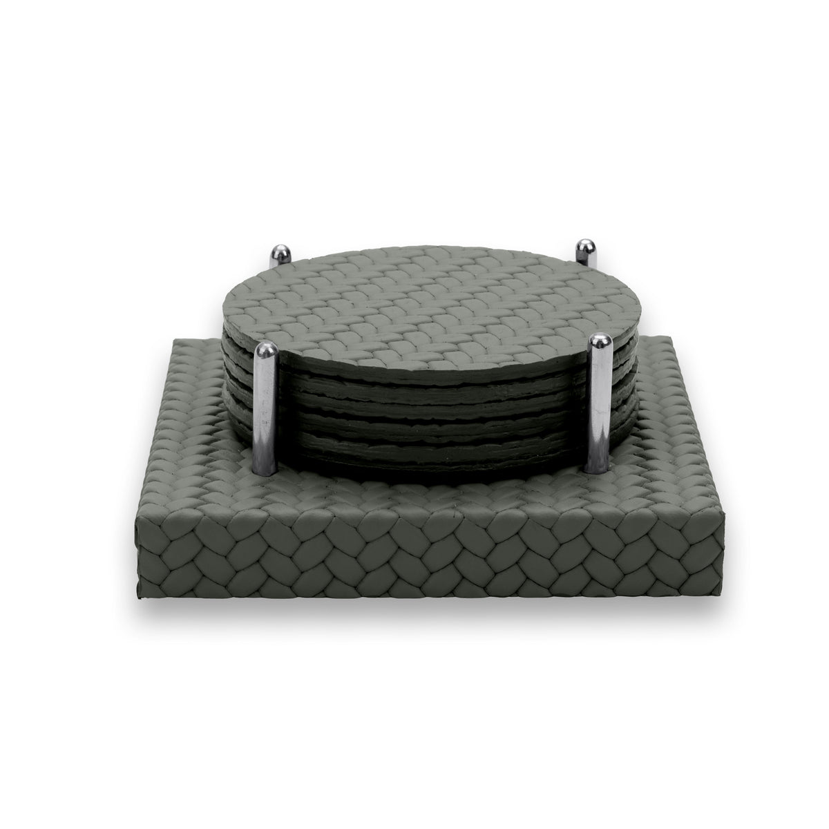 Dark olive khaki coasters, four steel rods rising from the leather base to pen in the stack