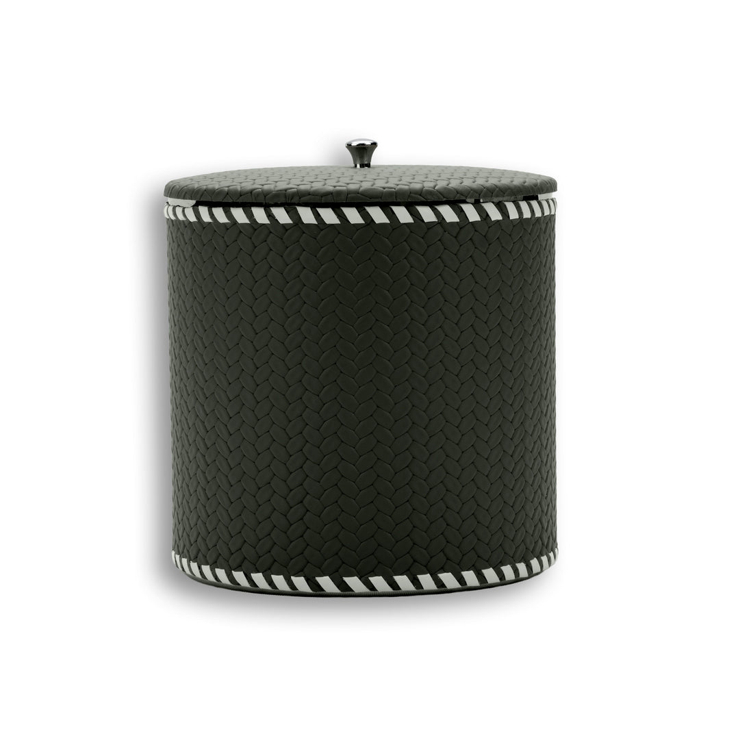 Dark olive khaki ice bucket, the diagonal leather weave unbroken up the 17 cm side wall