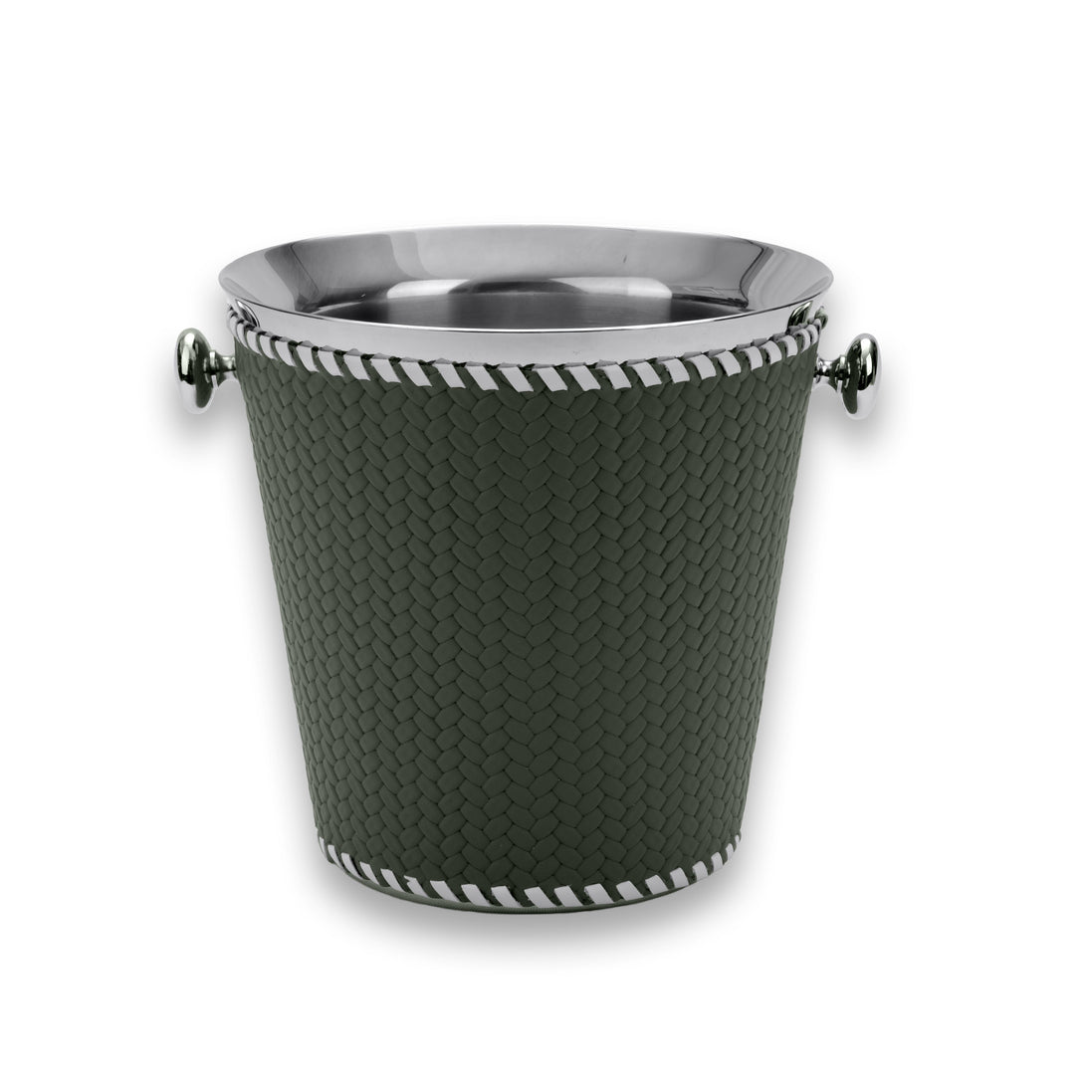 Dark olive khaki sleeve, side knob handles standing clear of the 19.5 cm steel bucket