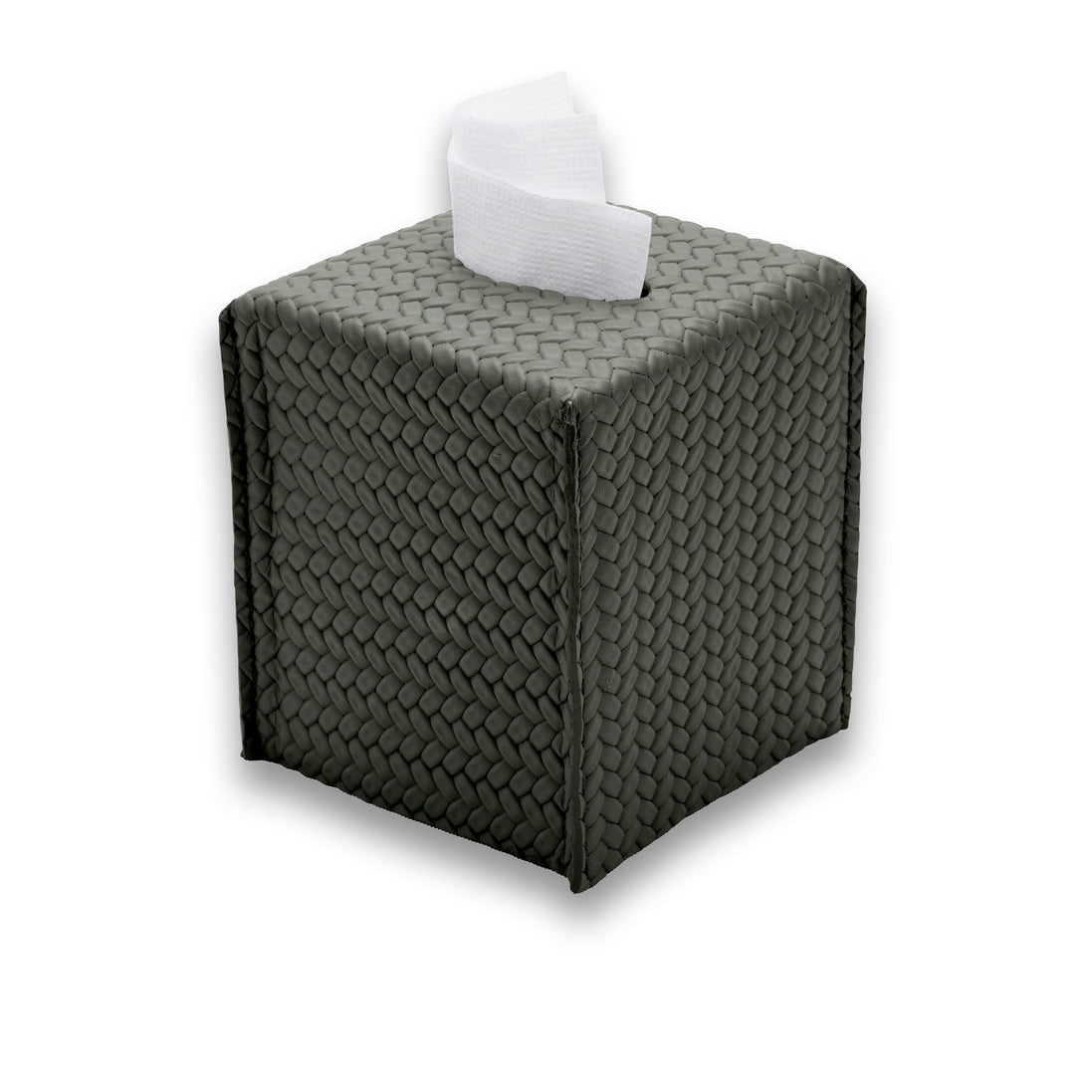 Dark olive khaki cover, the raised weave reading coarsest at the top edge where the lid overhangs the 11.5 cm body
