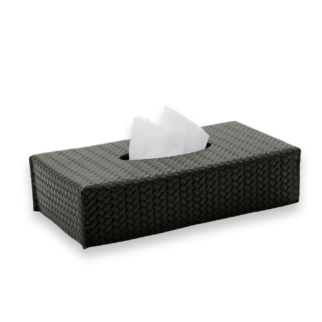 Dark olive khaki cover seen whole, tissue rising from the slot in its 24 × 13 cm lid