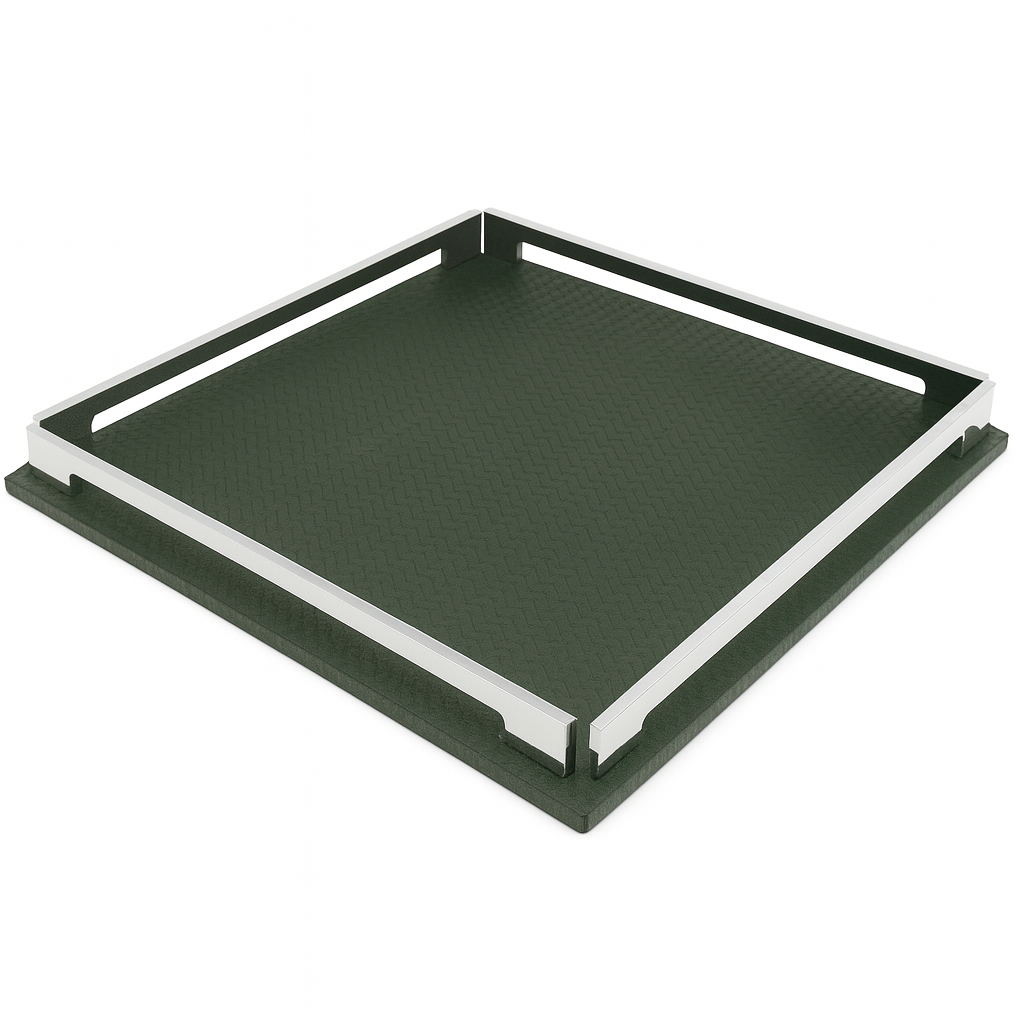Khaki 37 × 37 cm tray, dark olive full-grain leather set inside its polished steel rails