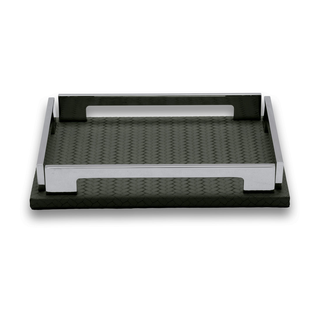 Khaki 25 × 19 cm tray complete, dark olive leather floor within the polished steel handles