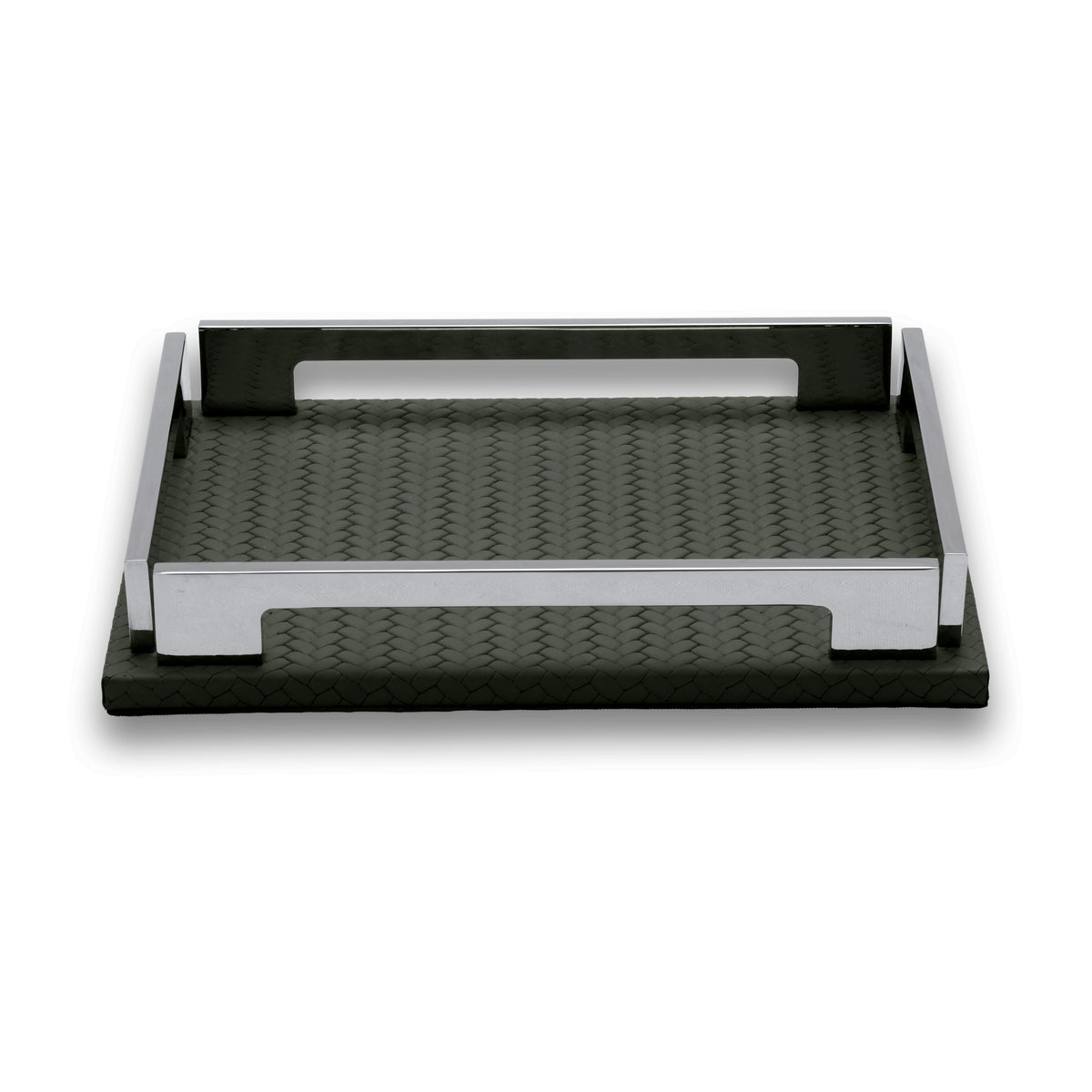 Khaki 25 × 19 cm tray complete, dark olive leather floor within the polished steel handles