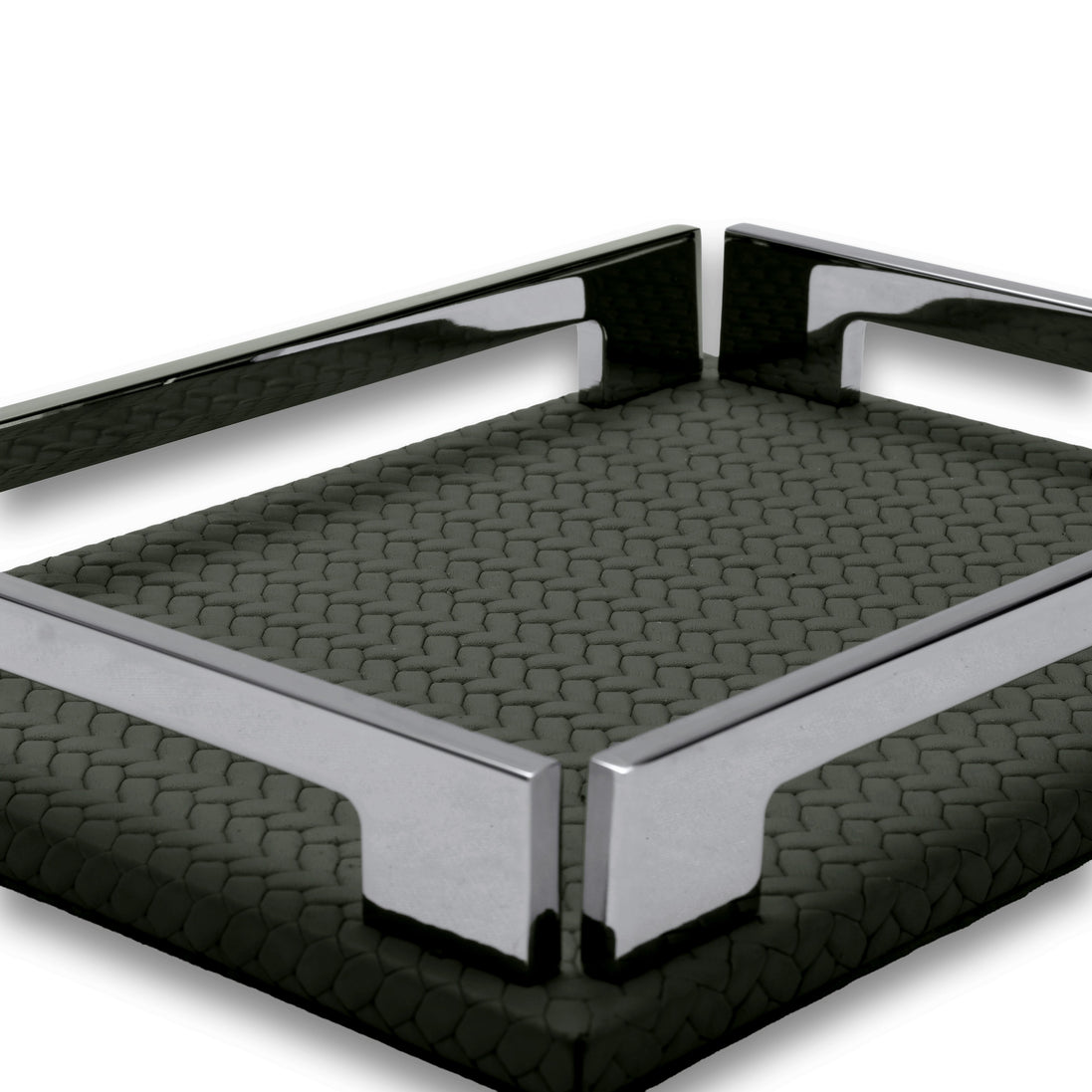 Two steel brackets at the khaki tray's near corner, 1 cm full-grain leather base beneath