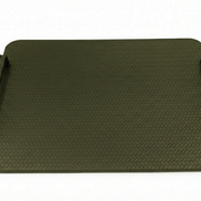 Khaki 48 × 36 cm tray, dark olive full-grain leather between black steel handle rails