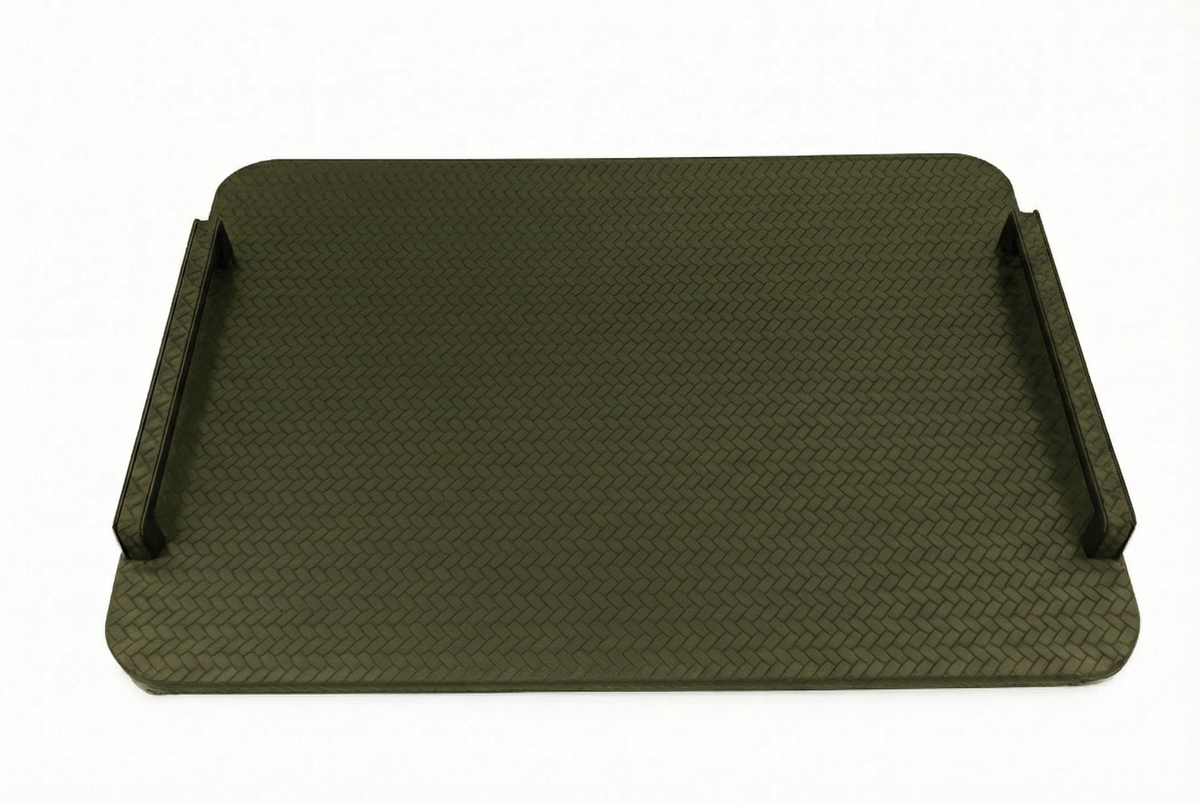 Khaki 48 × 36 cm tray, dark olive full-grain leather between black steel handle rails