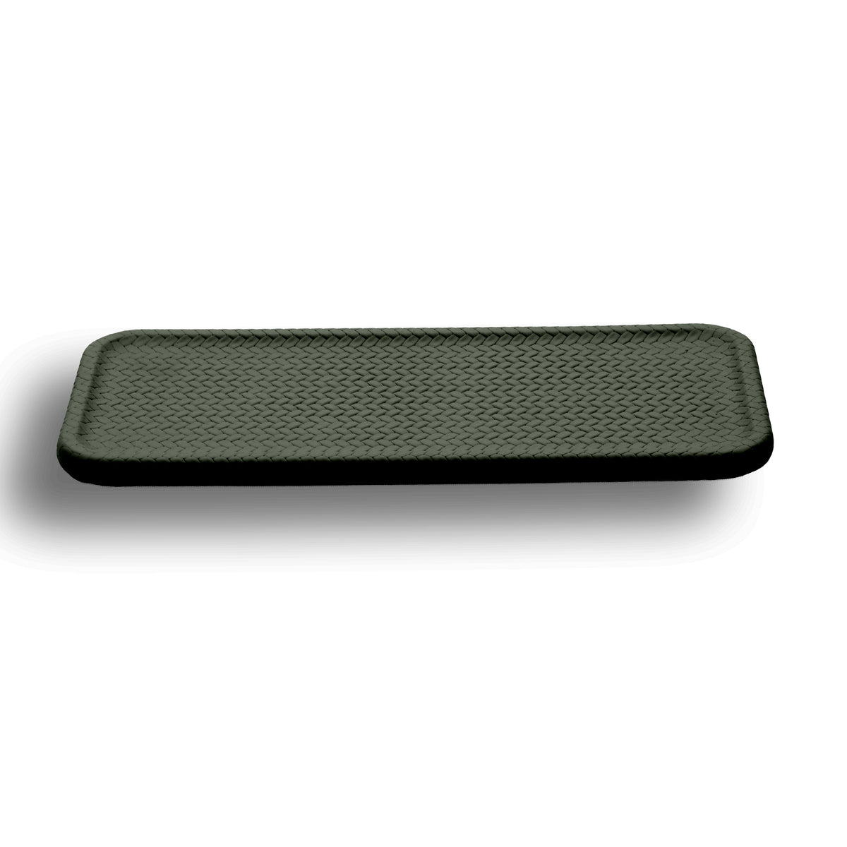 Dark olive khaki tray, its 1 cm edge showing dark beneath the embossed leather top