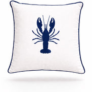 Navy lobster embroidered on white woven fabric, 45 x 45 cm cushion finished with navy piping