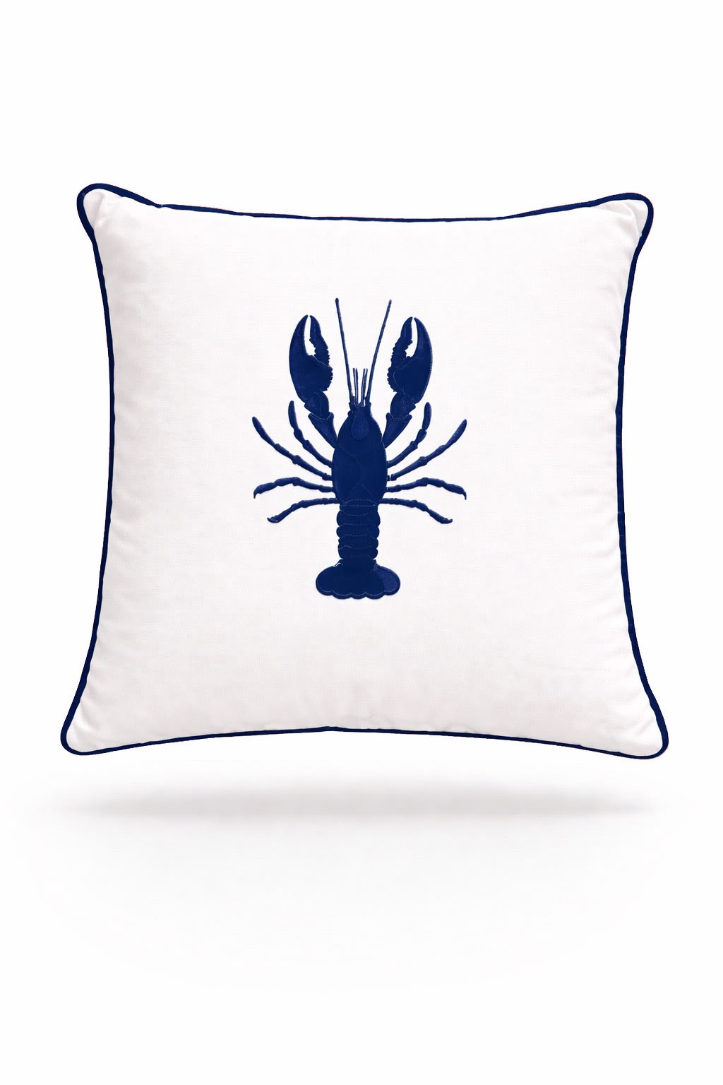 Navy lobster embroidered on white woven fabric, 45 x 45 cm cushion finished with navy piping