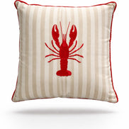 Red lobster embroidered on a 45 x 45 cm beige striped outdoor cushion with red corded piping