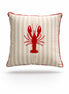 Red lobster embroidered on a 45 x 45 cm beige striped outdoor cushion with red corded piping