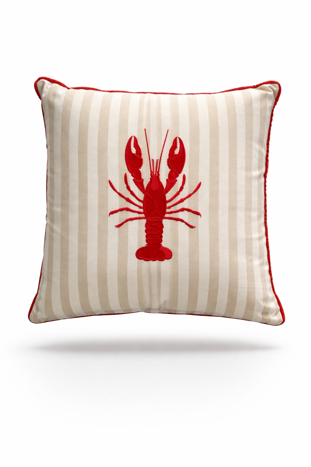 Red lobster embroidered on a 45 x 45 cm beige striped outdoor cushion with red corded piping