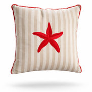 Red starfish stitched at the centre of the beige striped 45 x 45 cm cushion, red piped edge