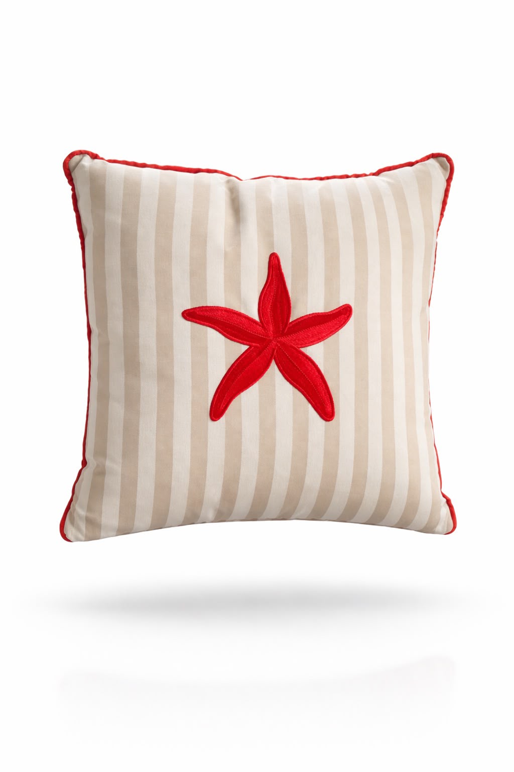 Red starfish stitched at the centre of the beige striped 45 x 45 cm cushion, red piped edge
