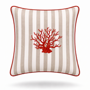 Branching red coral embroidered across the beige and white stripes of the 45 x 45 cm cushion, red corded piping