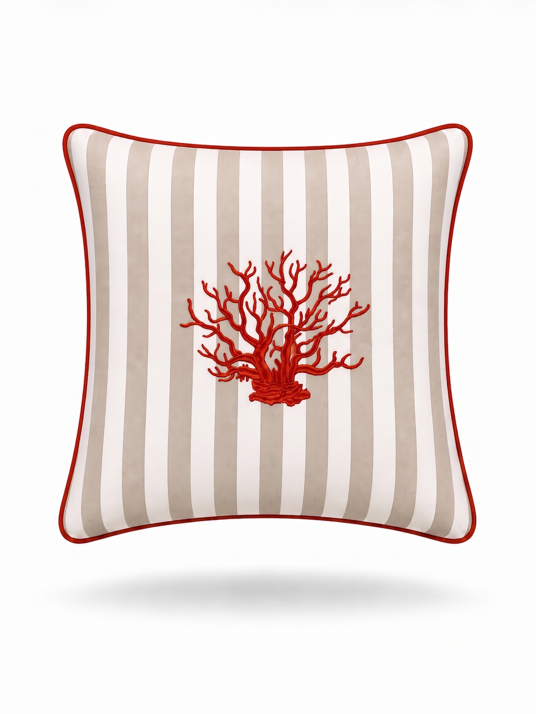 Branching red coral embroidered across the beige and white stripes of the 45 x 45 cm cushion, red corded piping