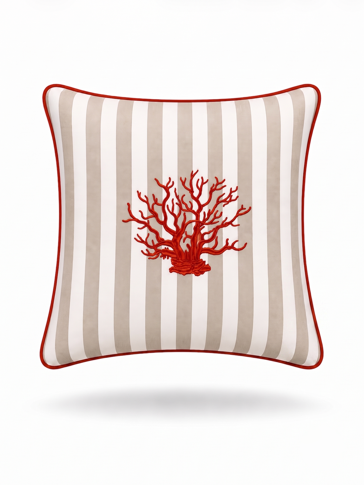 Branching red coral embroidered across the beige and white stripes of the 45 x 45 cm cushion, red corded piping