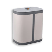 Grey-trimmed hamper, the leather band tracing the rounded corner from lid to base