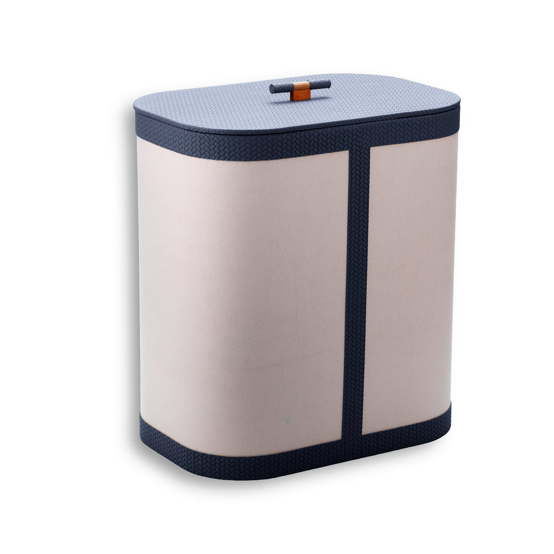 Navy leather binding on the canvas hamper, running the corners of the 50 cm high body