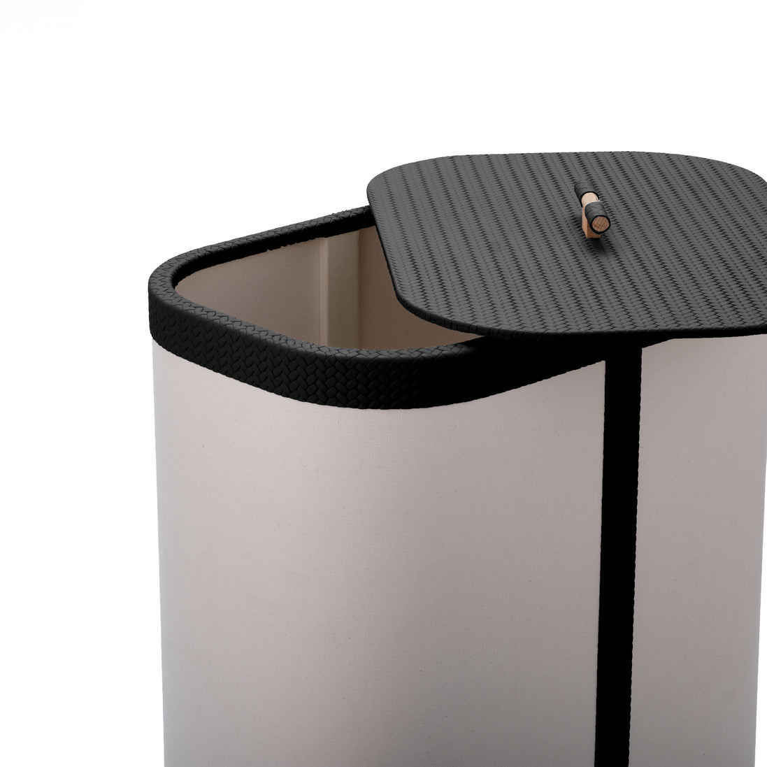 Black woven leather lid drawn aside on the 45 x 30 cm canvas hamper, wooden toggle on the panel
