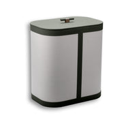 Laundry hamper 45 × 30 cm, canvas panels framed in dark olive leather with a toggle on the lid