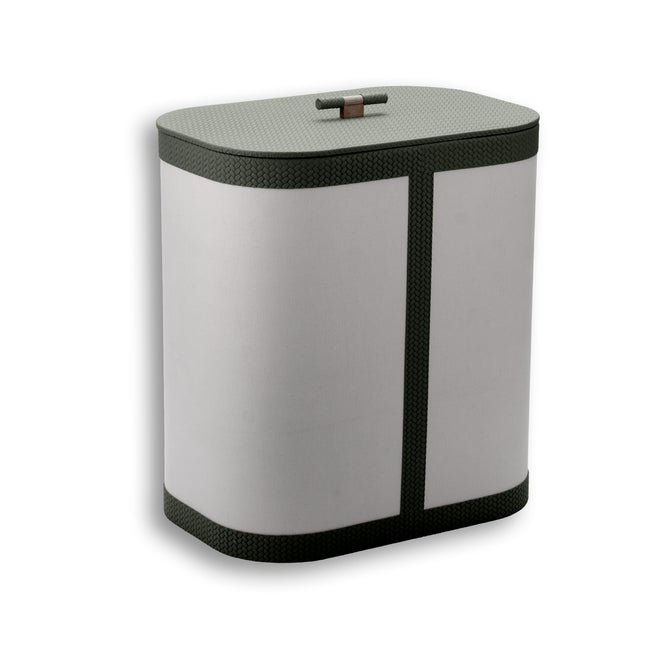 Laundry hamper 45 × 30 cm, canvas panels framed in dark olive leather with a toggle on the lid