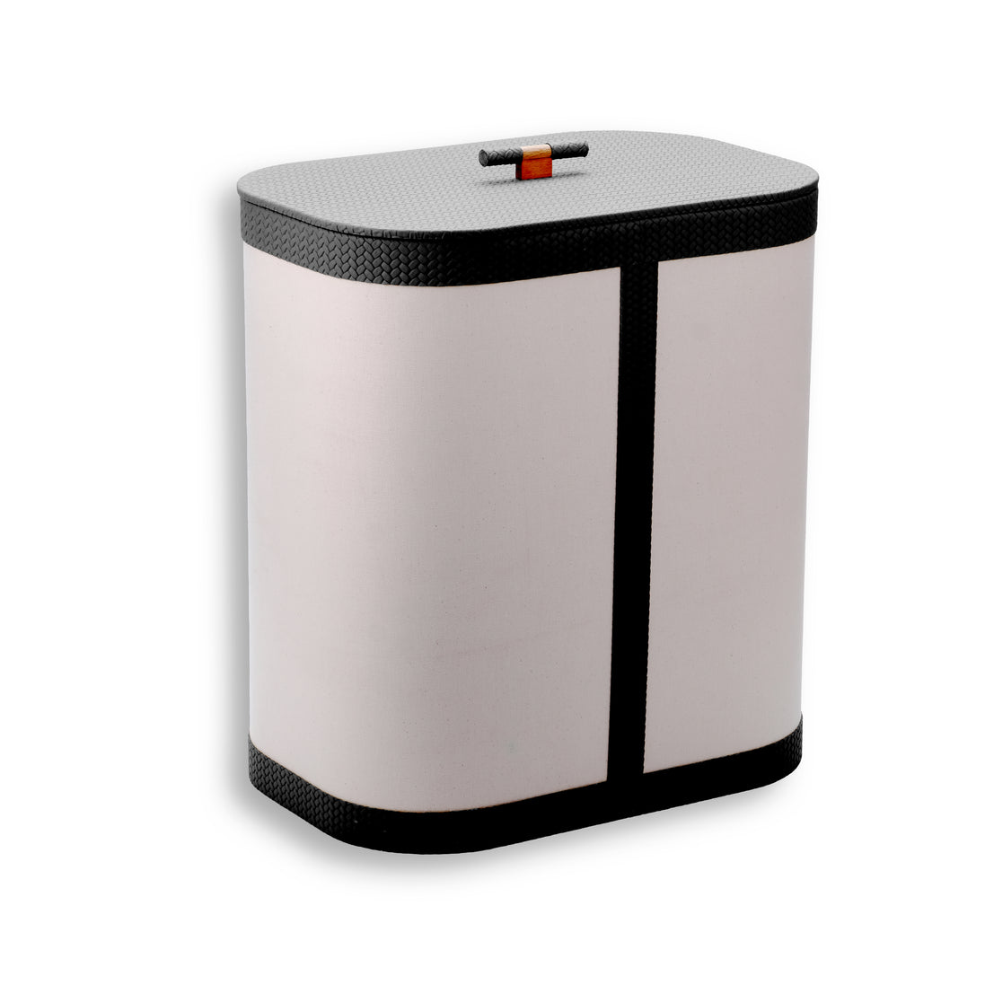 Black-trimmed hamper, an orange toggle standing on the leather-topped lid
