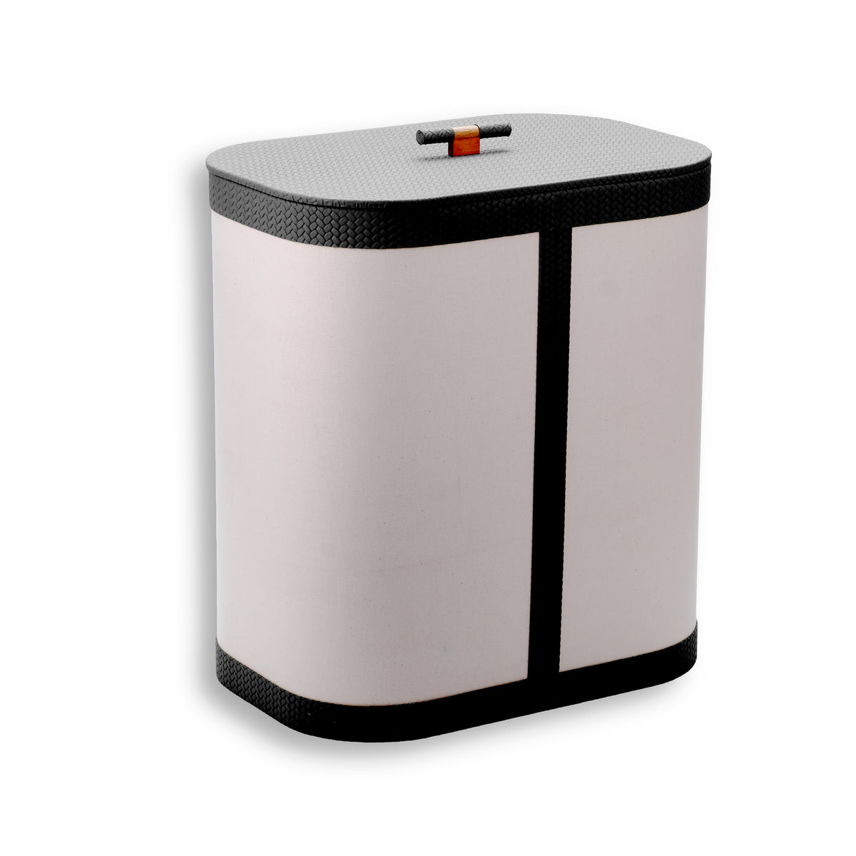 Black-trimmed hamper, an orange toggle standing on the leather-topped lid
