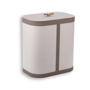 Taupe leather trim on the canvas hamper, the lid overhanging the 30 cm depth