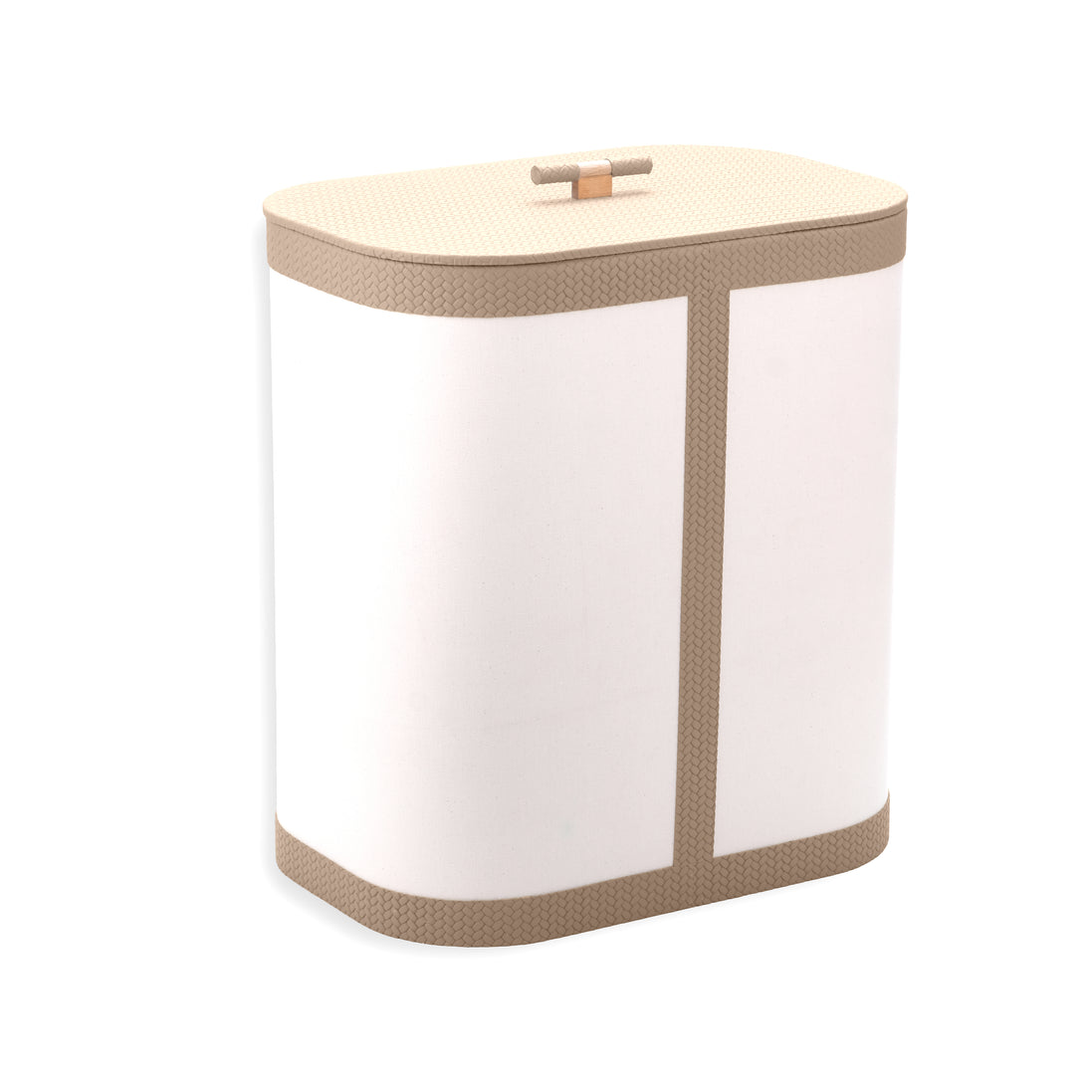 Sand-toned leather trim on the canvas hamper, a small leather toggle set into the 45 cm wide lid