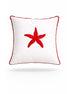 Red starfish embroidered on a white 45 x 45 cm outdoor cushion edged in red piping